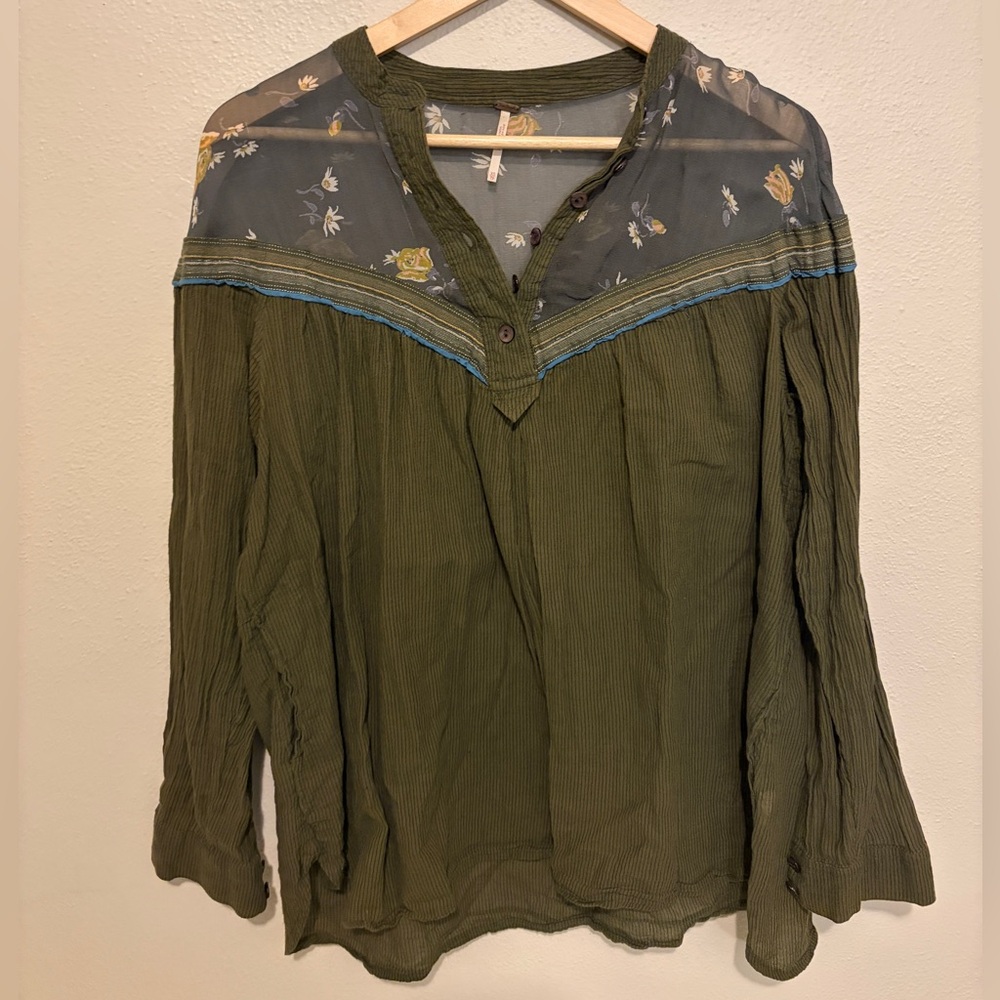 Free People Olive Green Blouse with Floral Detail and Pockets, Size XS